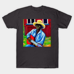 An artistic impression of a blues musician from the Mississippi delta playing guitar. T-Shirt